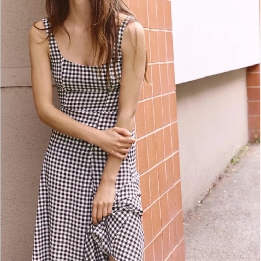 Zara Gingham Midi Dress, checkered brown & white